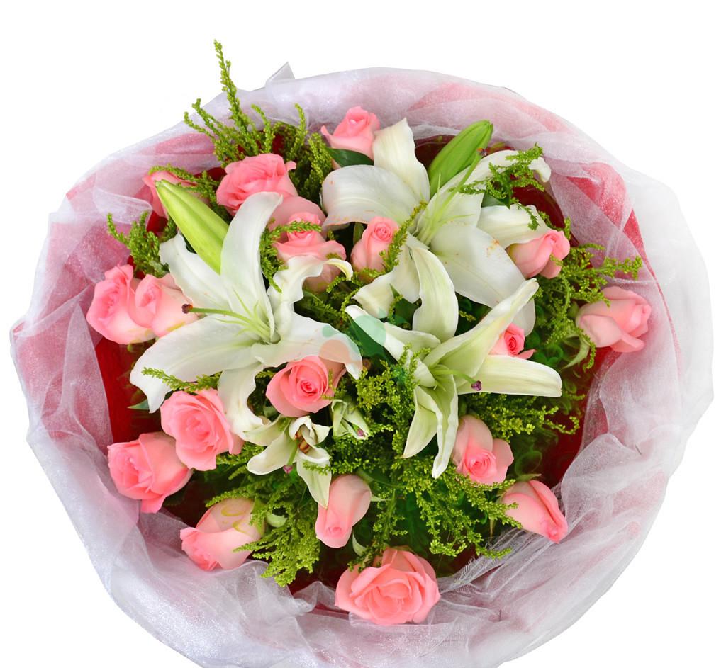 宁德蕉城东侨鲜花同城速递生日祝福探望18枝粉玫瑰2枝香水百合